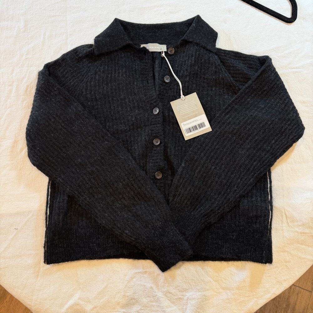 NWOT Everlane Alpaca Wool Collared Button-Front Cardigan Sweater w Piping Detail